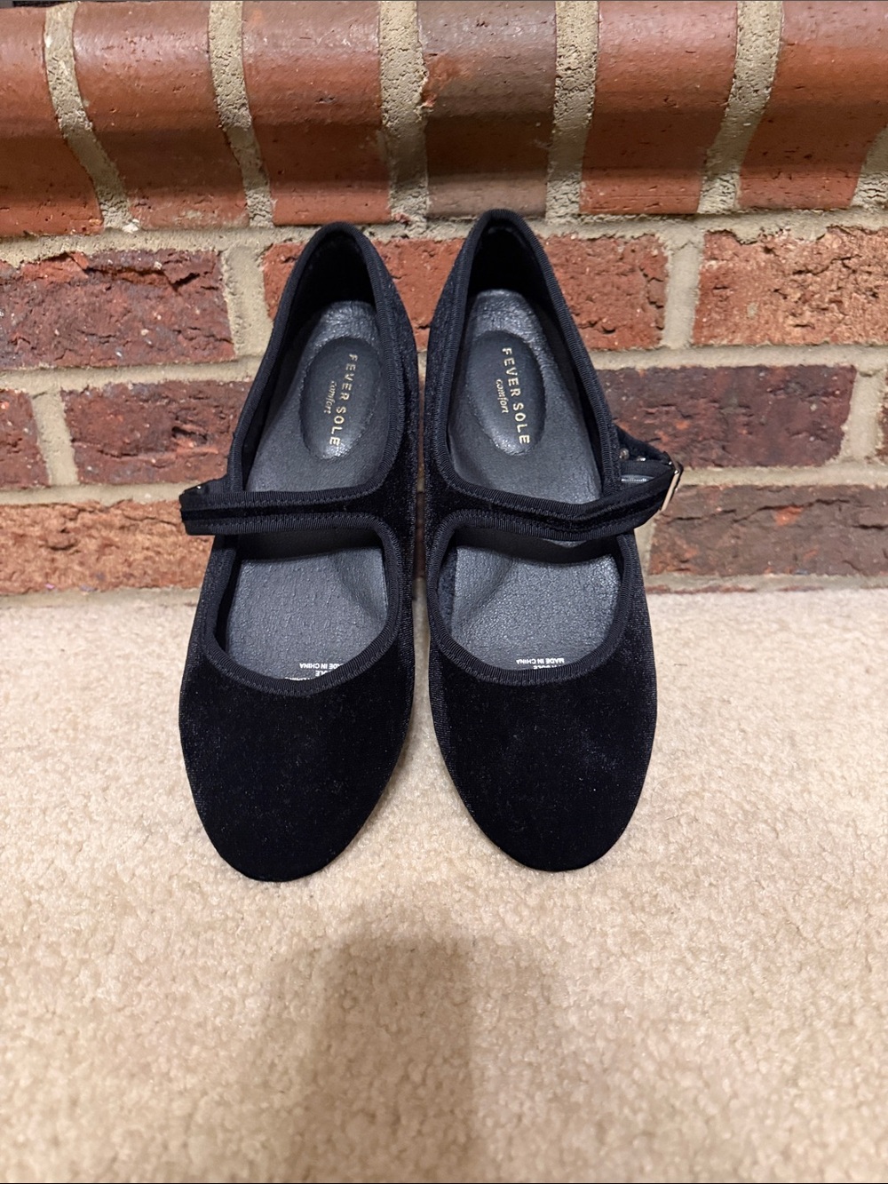 Fever & Sole Black Velvet Mary Jane Flats with Adjustable Strap